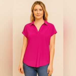Jones New York Magenta Collared Blouse Short Sleeve V-Notch NWT